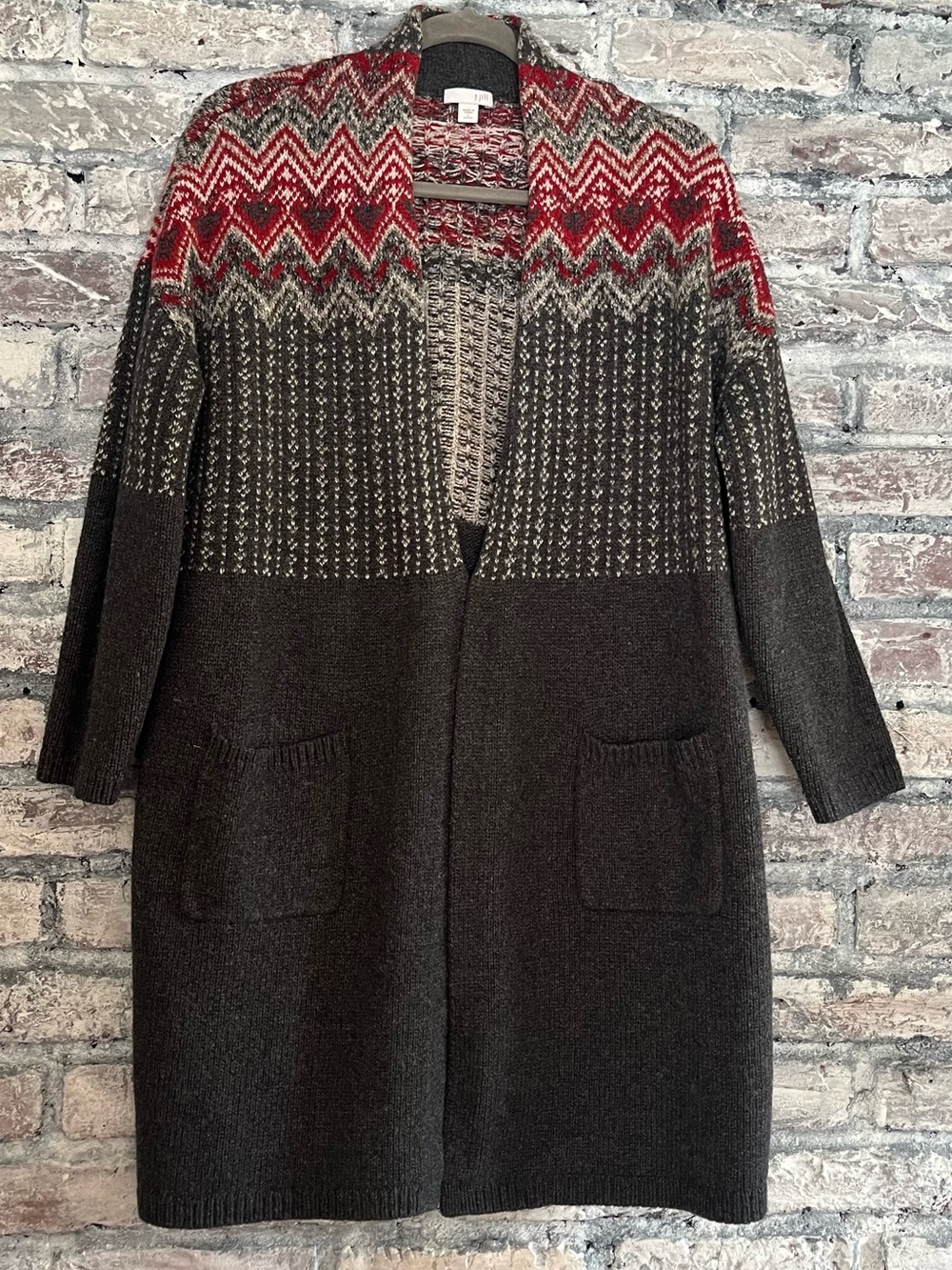 J. Jill Long Wool blend Open-Front Cardigan in Charcoal with Red Yoke so cozy